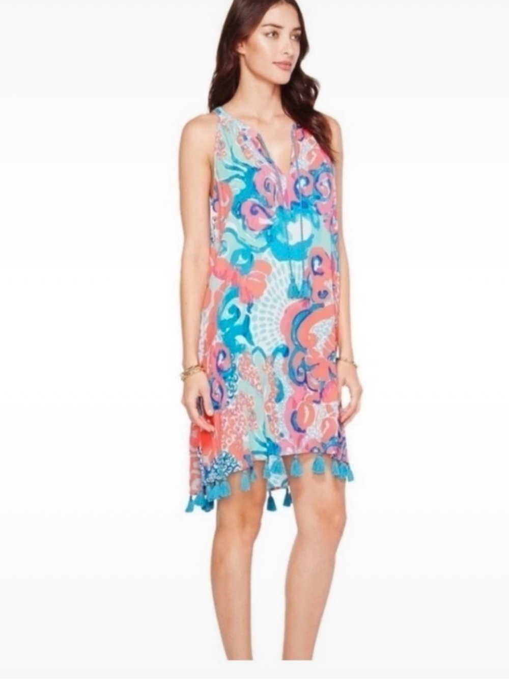 Lilly Pulitzer Roxy Dress XS Sleeveless Tassel Hem Pink Blue Tropical Print Boho